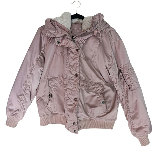 American Eagle Outfitters Jackets & Blazers - American Eagle Bomber Jacket Womens Large Pink Sherpa Lined Hooded Utility Coat